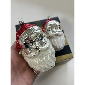 Vintage 4" West Germany Santa Head Mercury Glass Flocked Christmas Ornament 2x